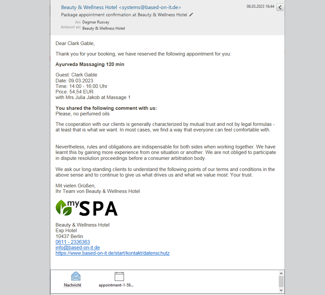 MY SPA Email Confirmation